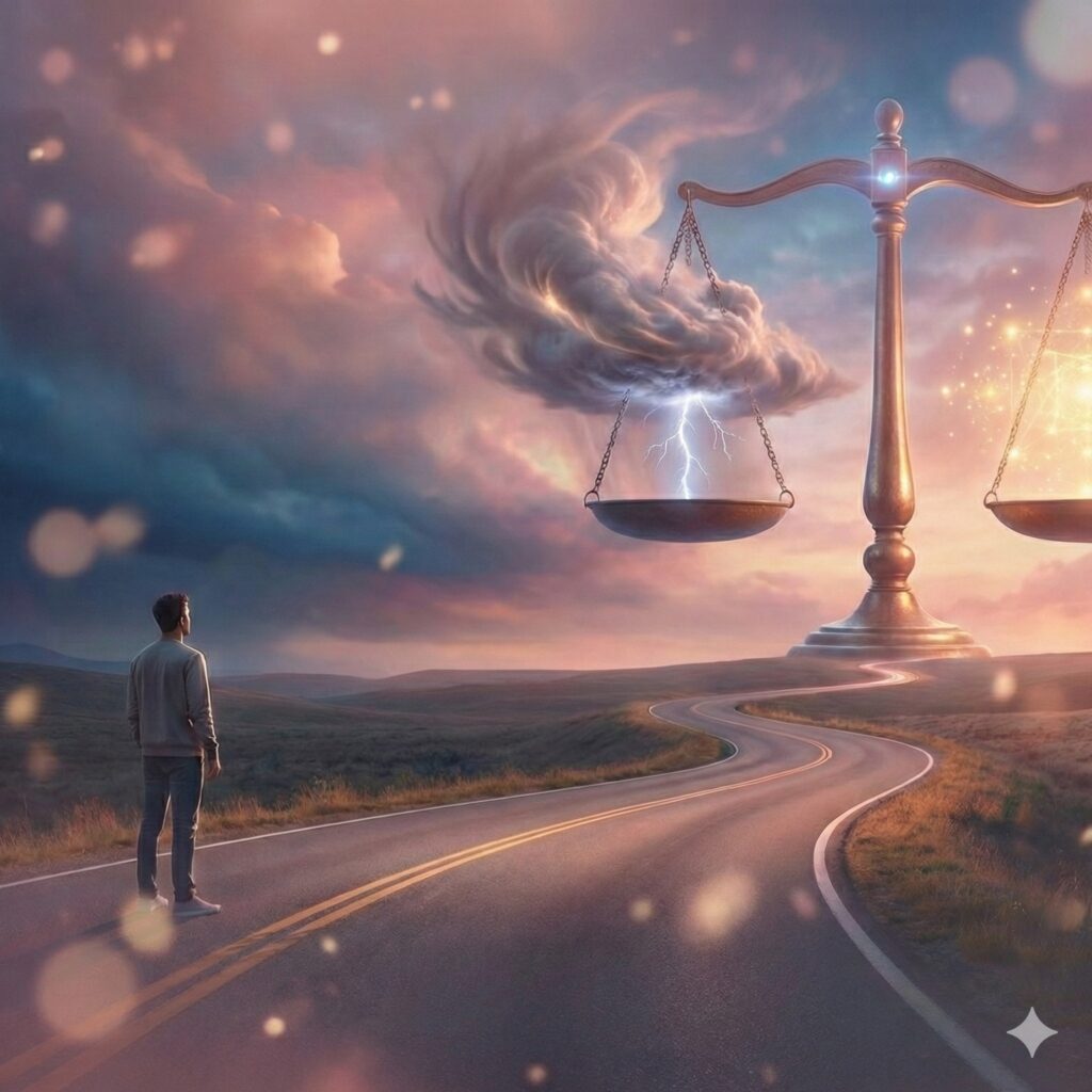 There is a huge scale on the road, with thunder and lightning on one side, and divine light on the other.And a man on the road standing there looking at it.