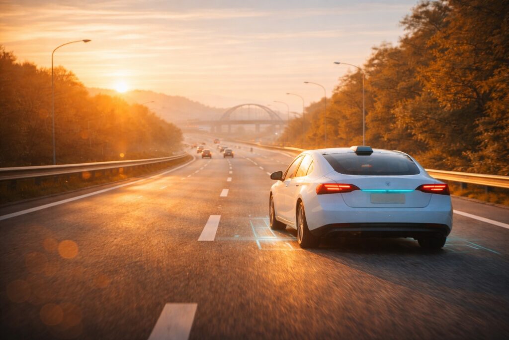 도로 위를 달리고 있는 자율 주행 자동차.