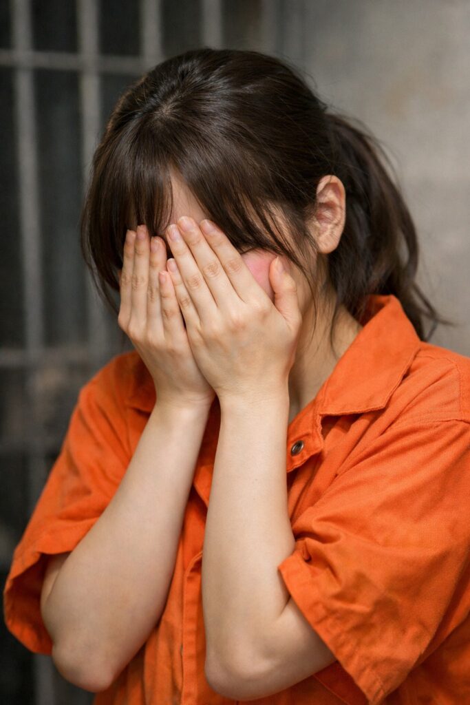 An image of a female prisoner in an orange prison uniform with her face covered in shame.