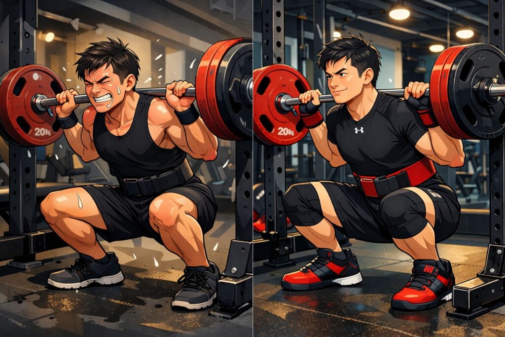 Illustration of a 140KG squat with ease after switching to an Under Armour set.